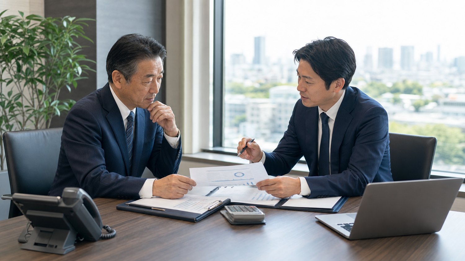 埼玉県の会社売却相談で経営者と専門家が資料を確認している写真