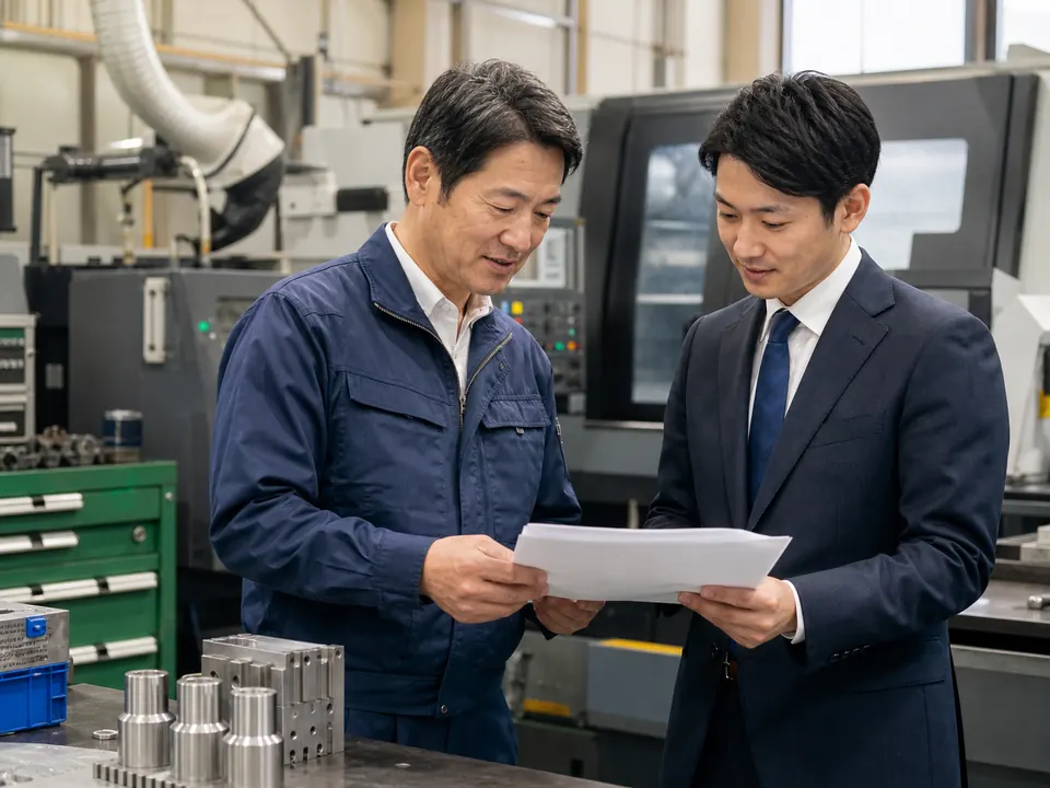 埼玉県の製造業オーナーが工場でM&Aアドバイザーと資料を確認している写真